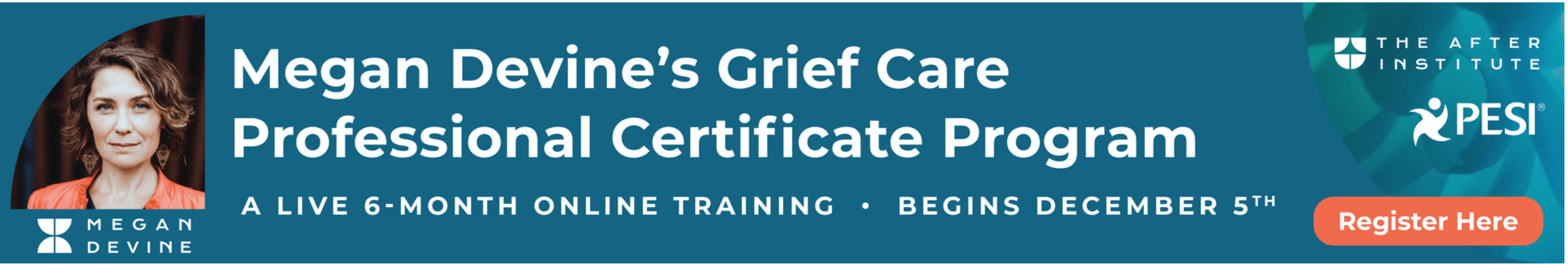 banner showing Megan Devine's grief care program and the registration button